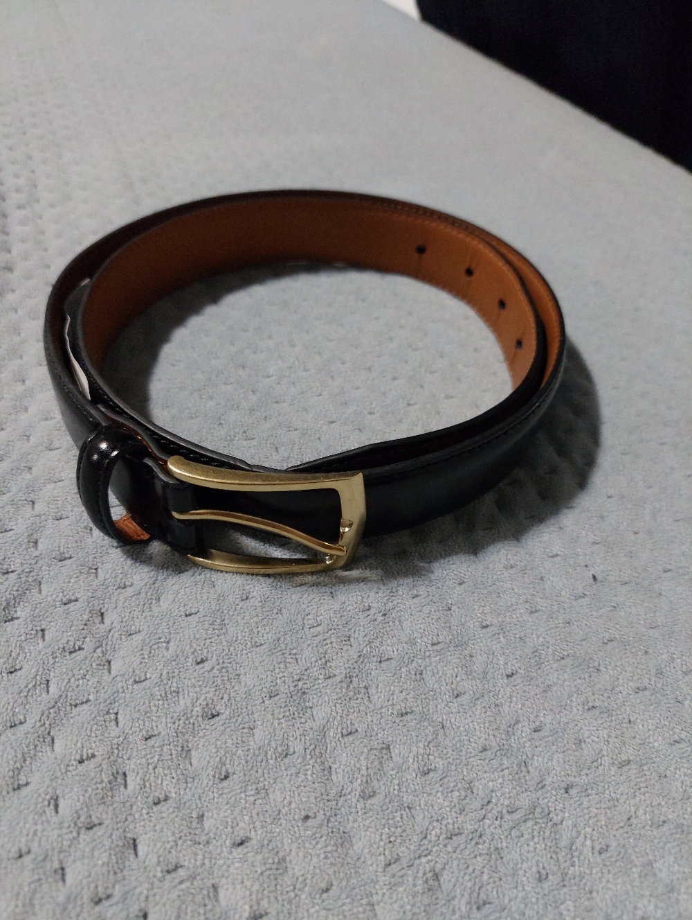 Nordstrom Black Leather Belt with Gold Buckle and Tan Interior